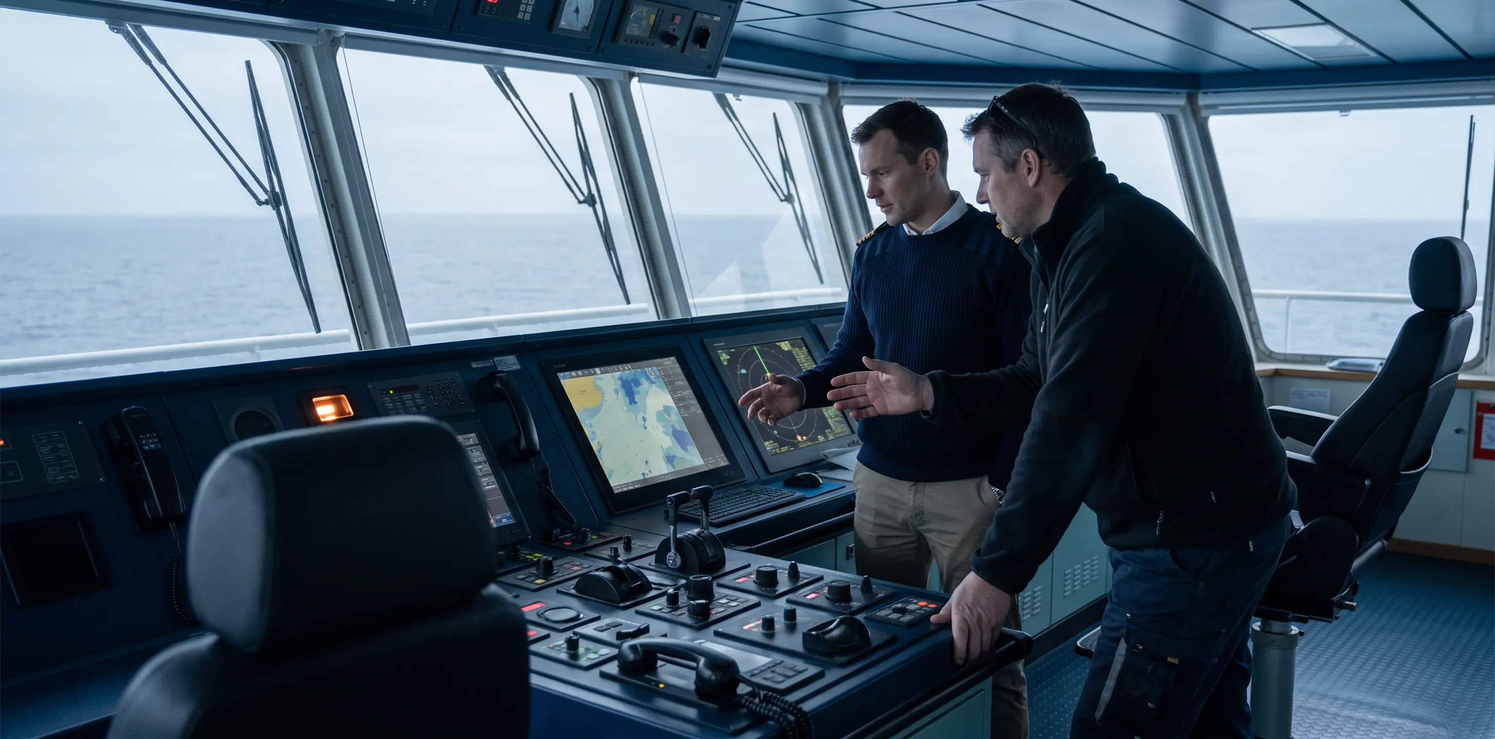 Owner&rsquo;s representative and vessel officer in discussion on the bridge of a modern tanker