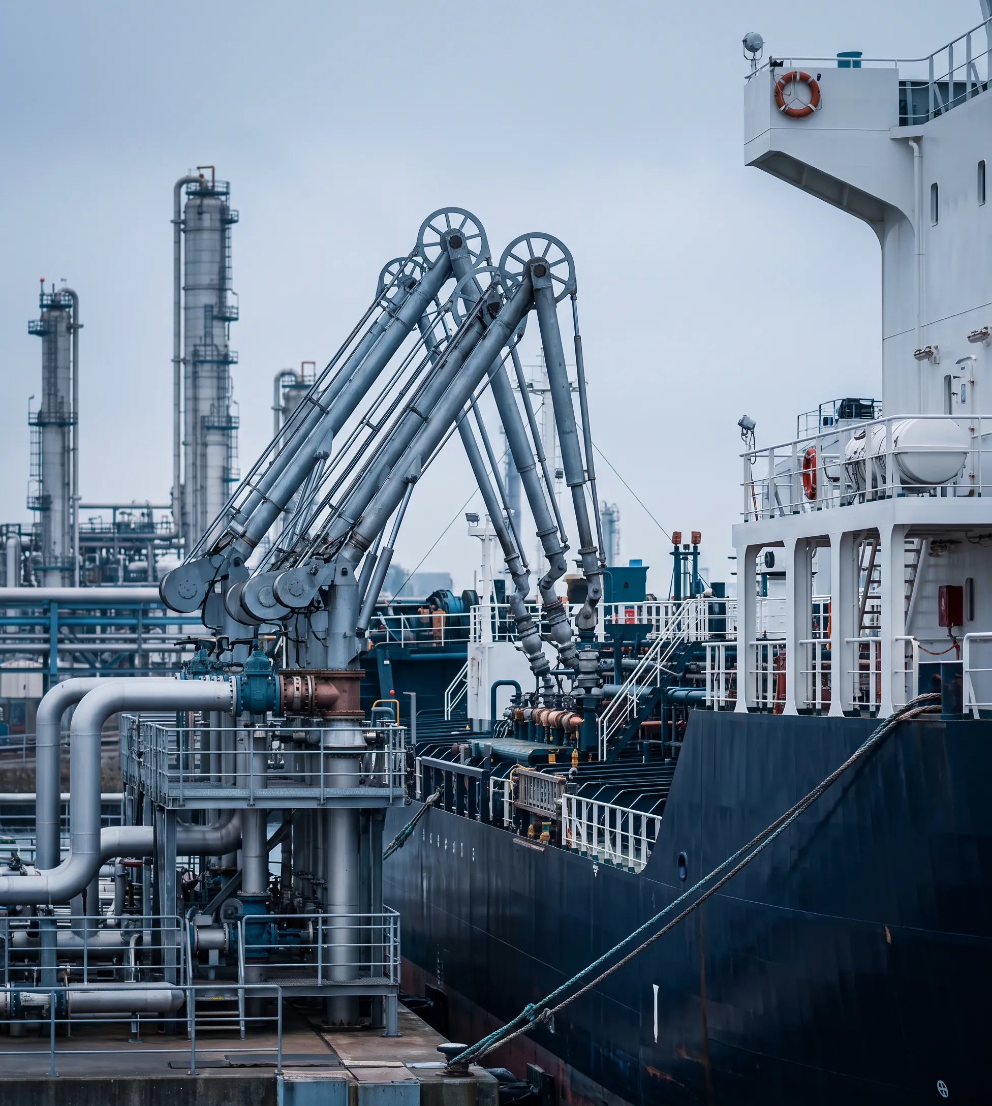 MR product tanker alongside a refinery berth loading cargo