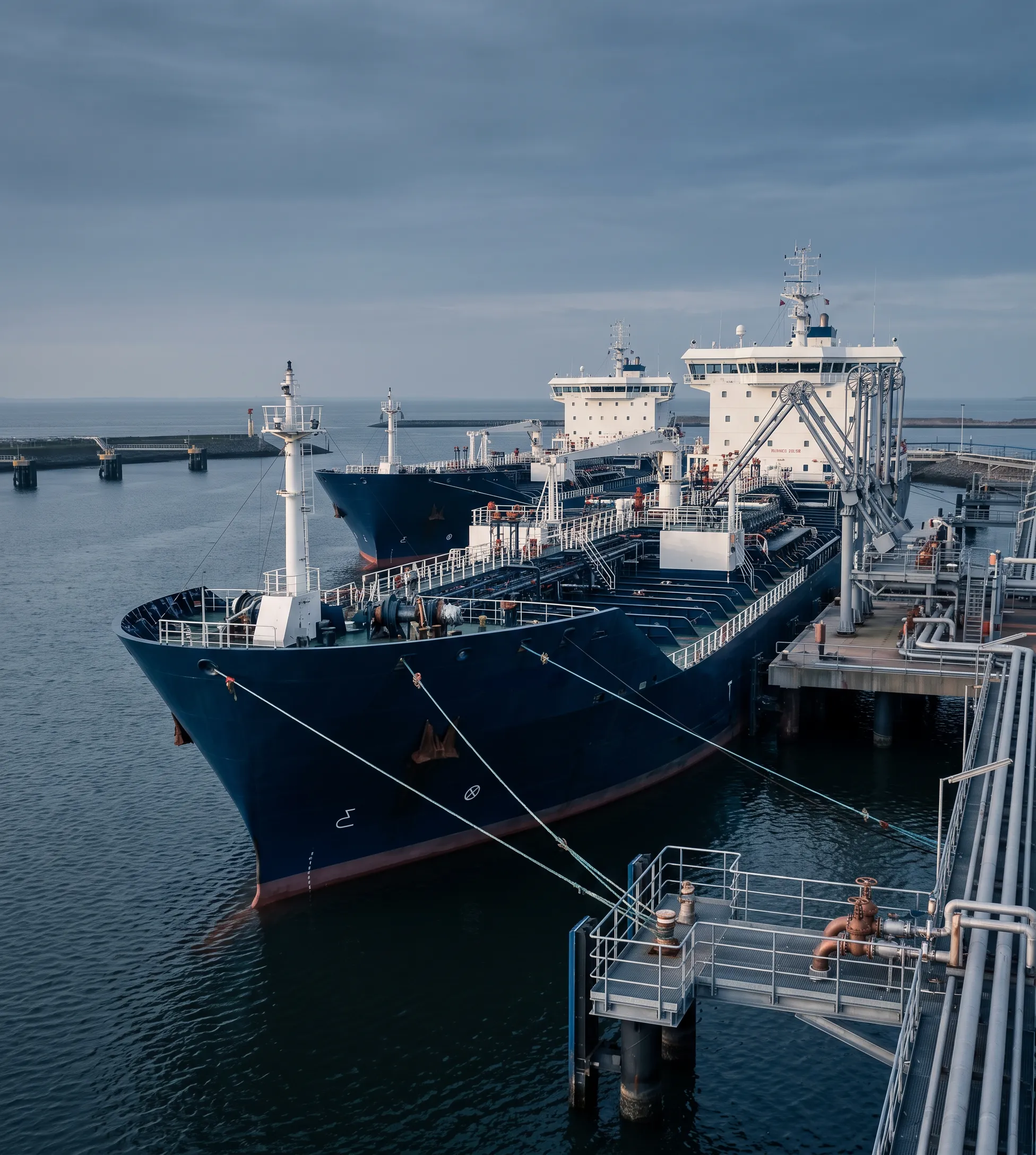 Two product tankers moored at a tanker terminal
