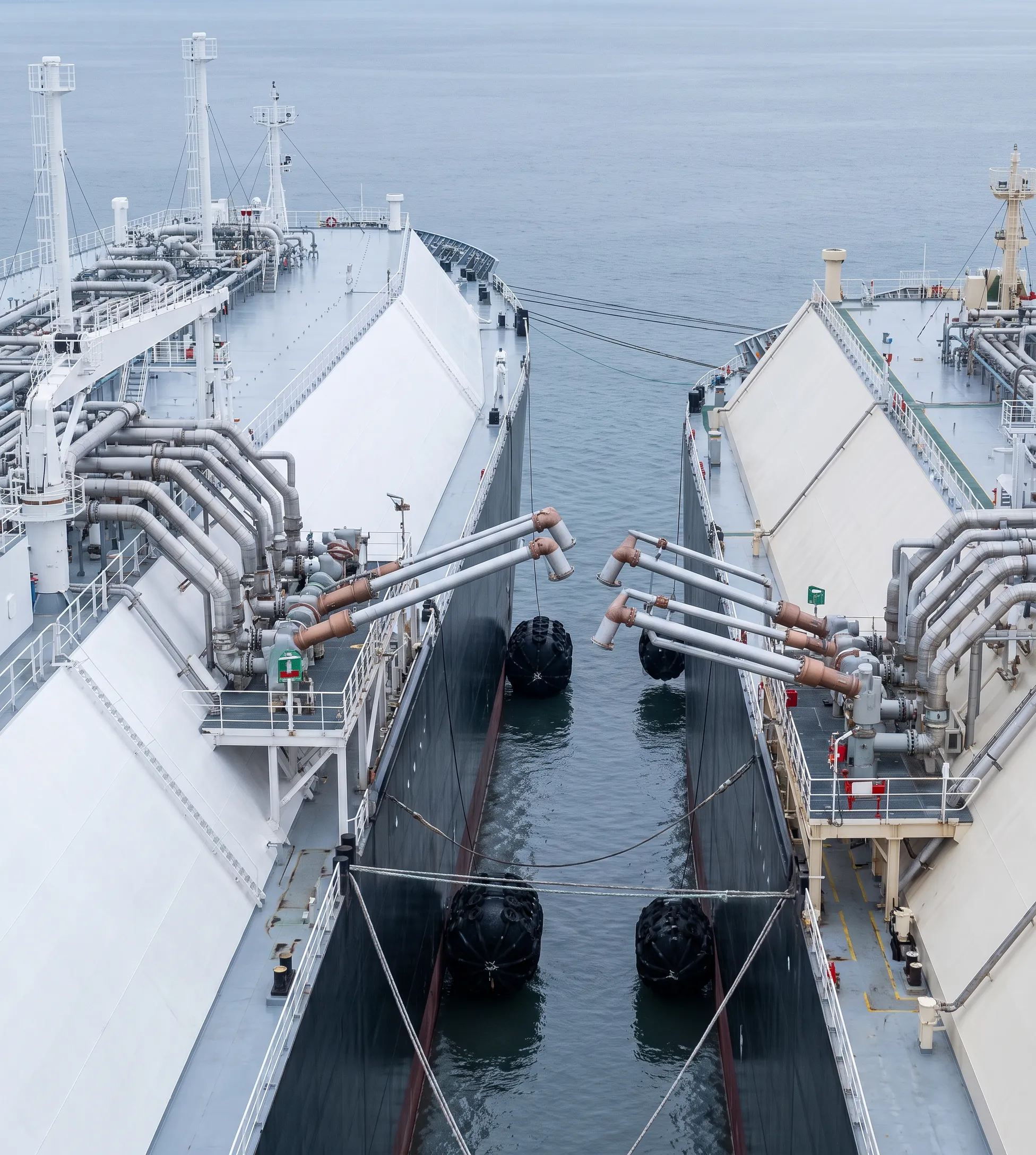 LNG carrier alongside a floating storage unit at a gas terminal