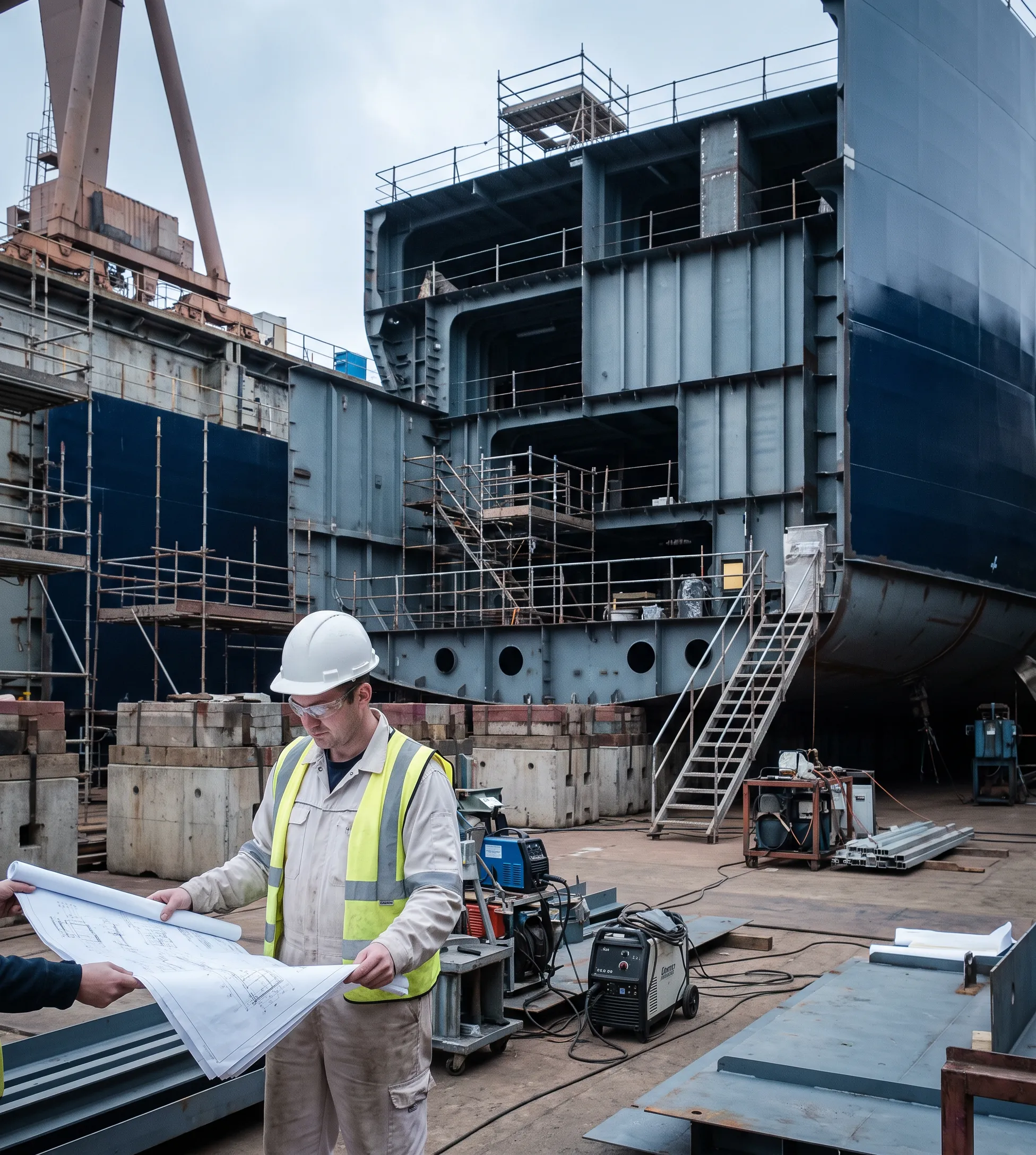 Tanker under construction at a shipyard with newbuilding supervision in progress
