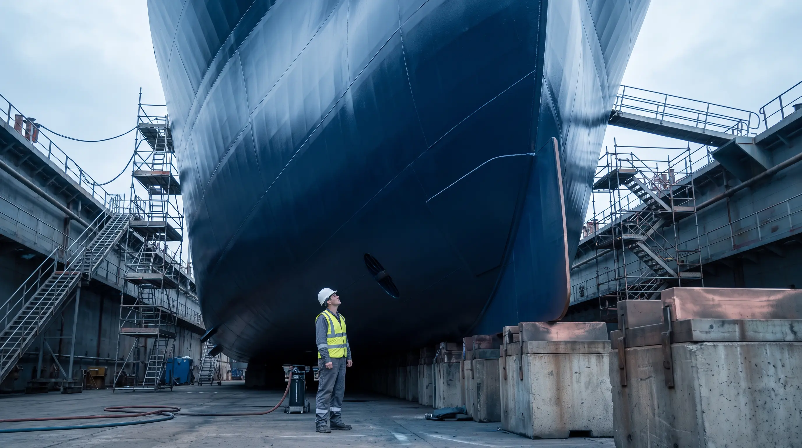 Technical superintendent inspecting a tanker hull in drydock