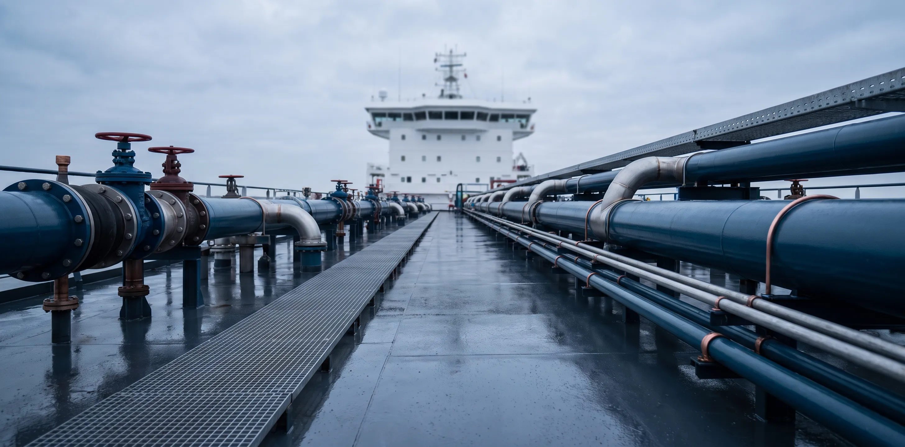 Cargo manifolds, pipelines and valves on the deck of a product tanker