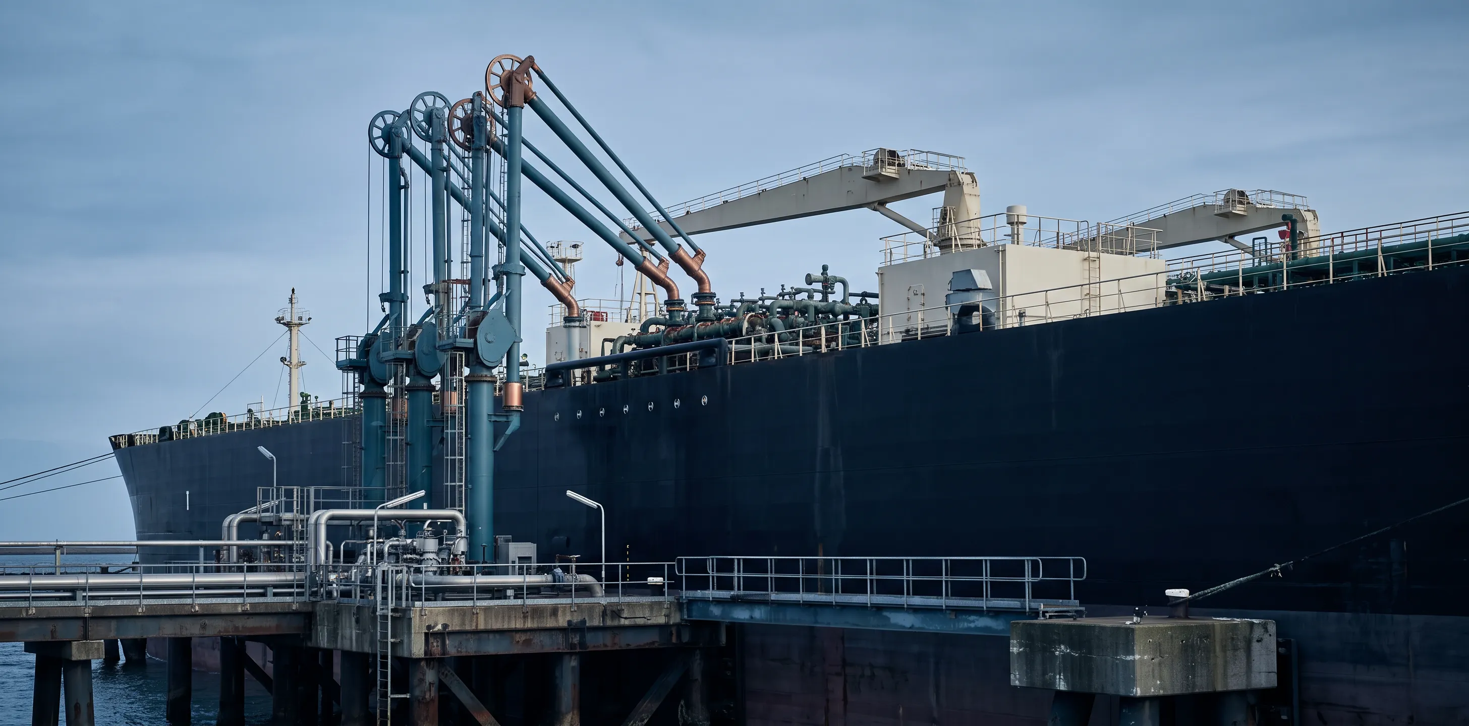 VLCC crude oil tanker moored alongside an oil terminal, close view of the hull and manifold area