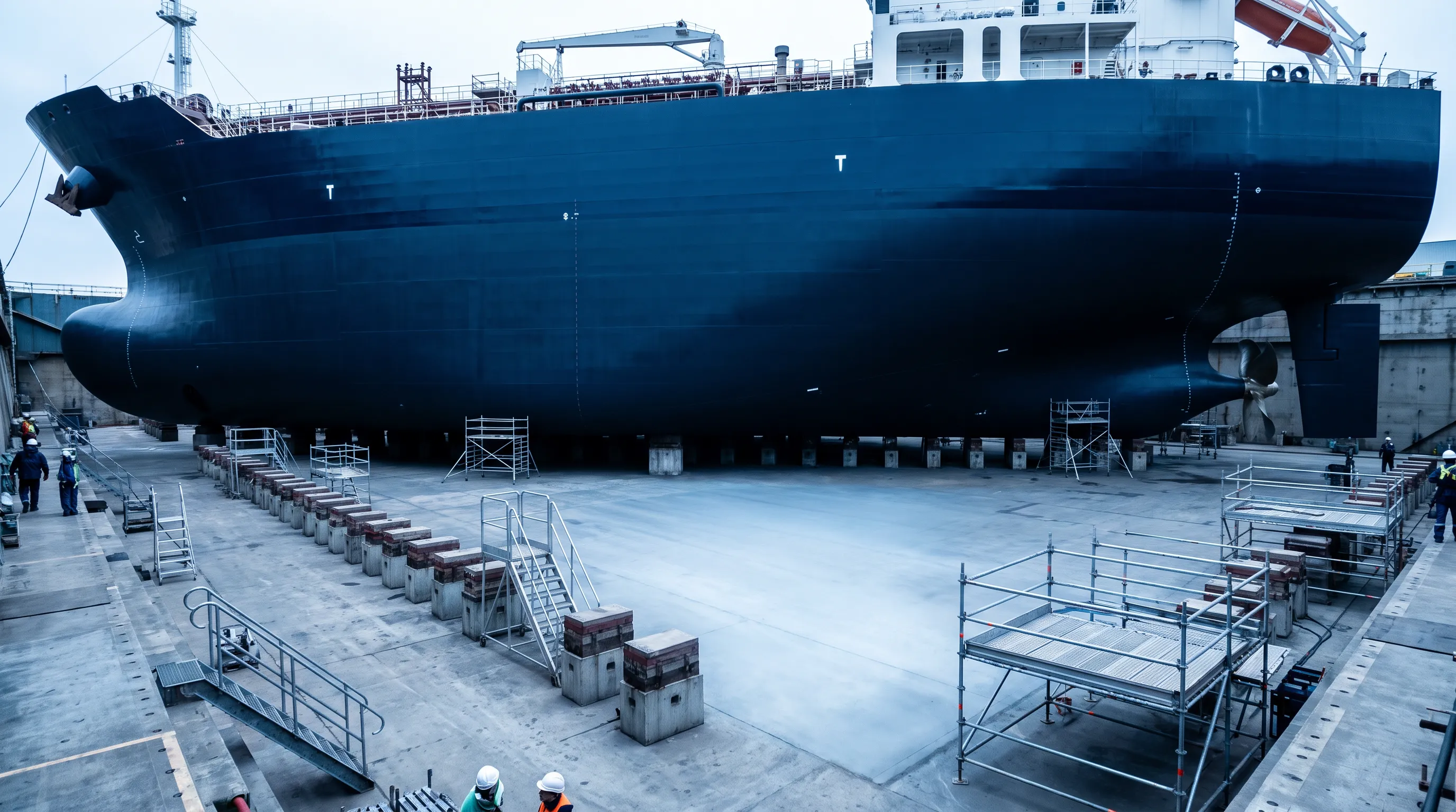 Product tanker in drydock during technical inspection, hull and propeller visible