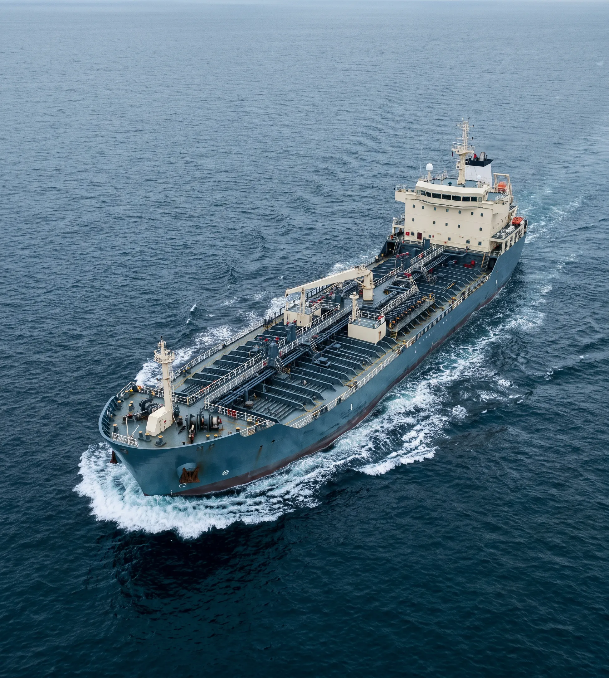 MR product tanker under way in open sea, three-quarter aerial view