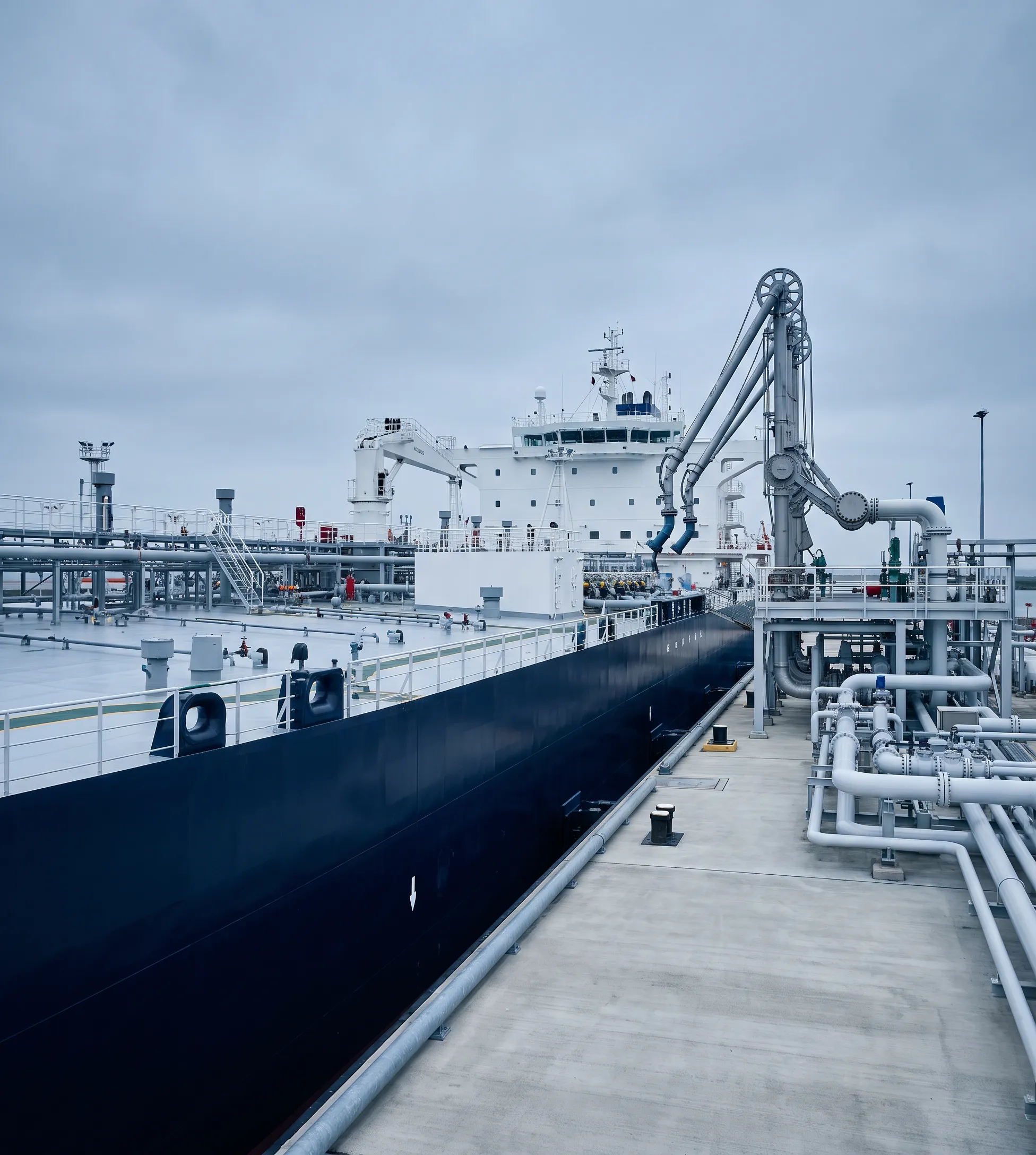 Aframax crude oil tanker alongside an oil terminal berth
