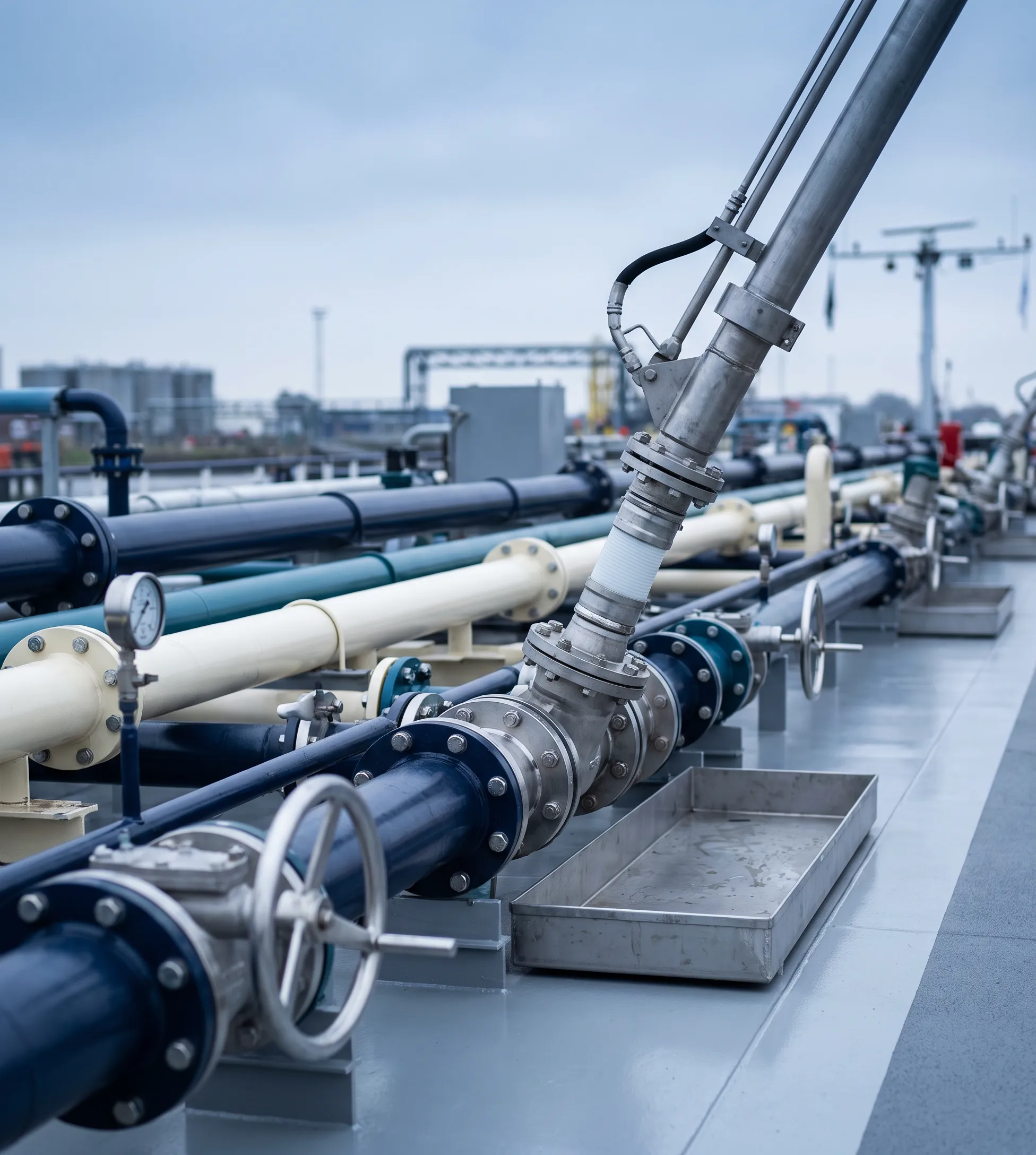 Tanker cargo manifold and pipework on deck during a terminal call
