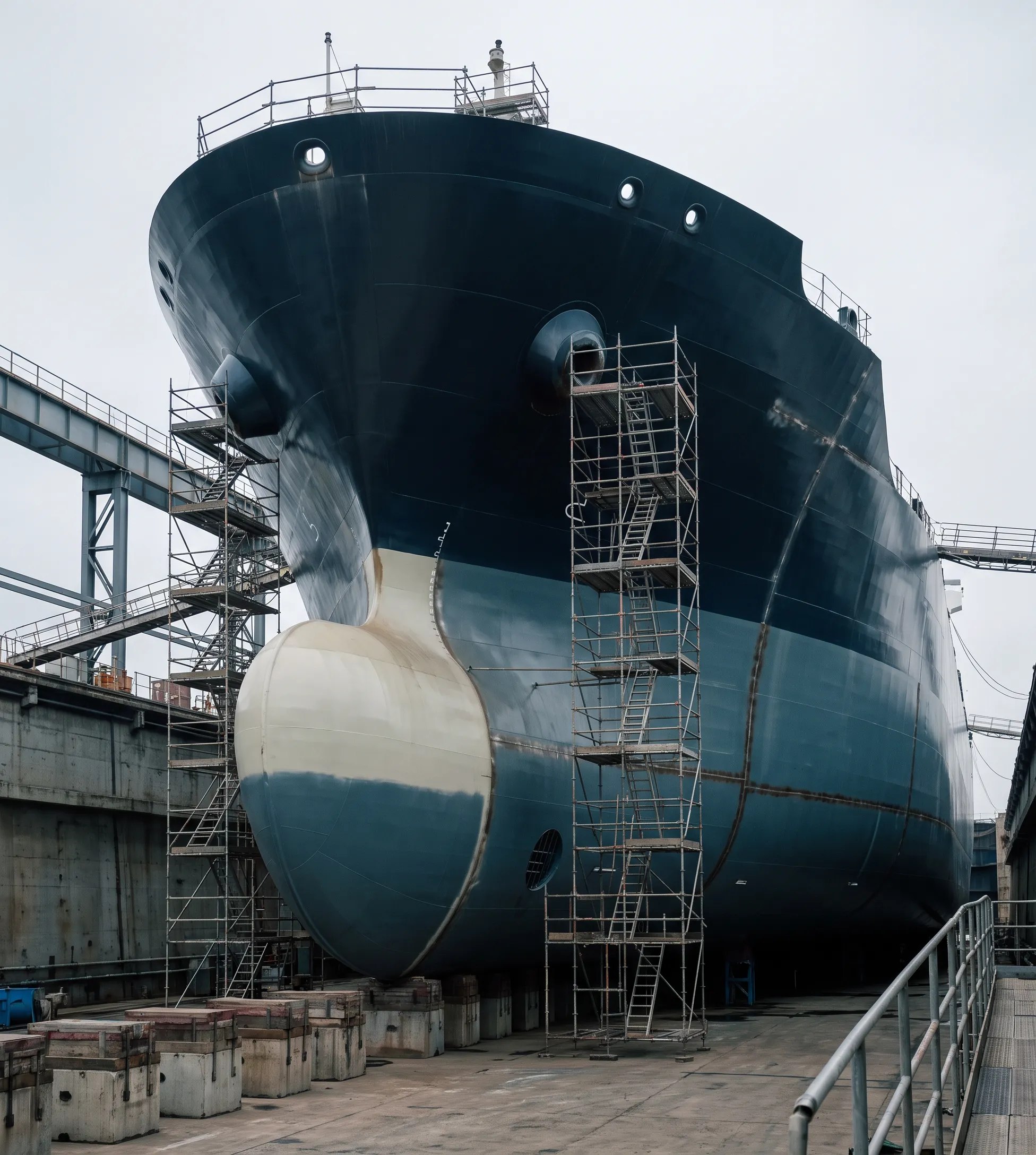 Tanker hull under construction in a shipbuilding drydock
