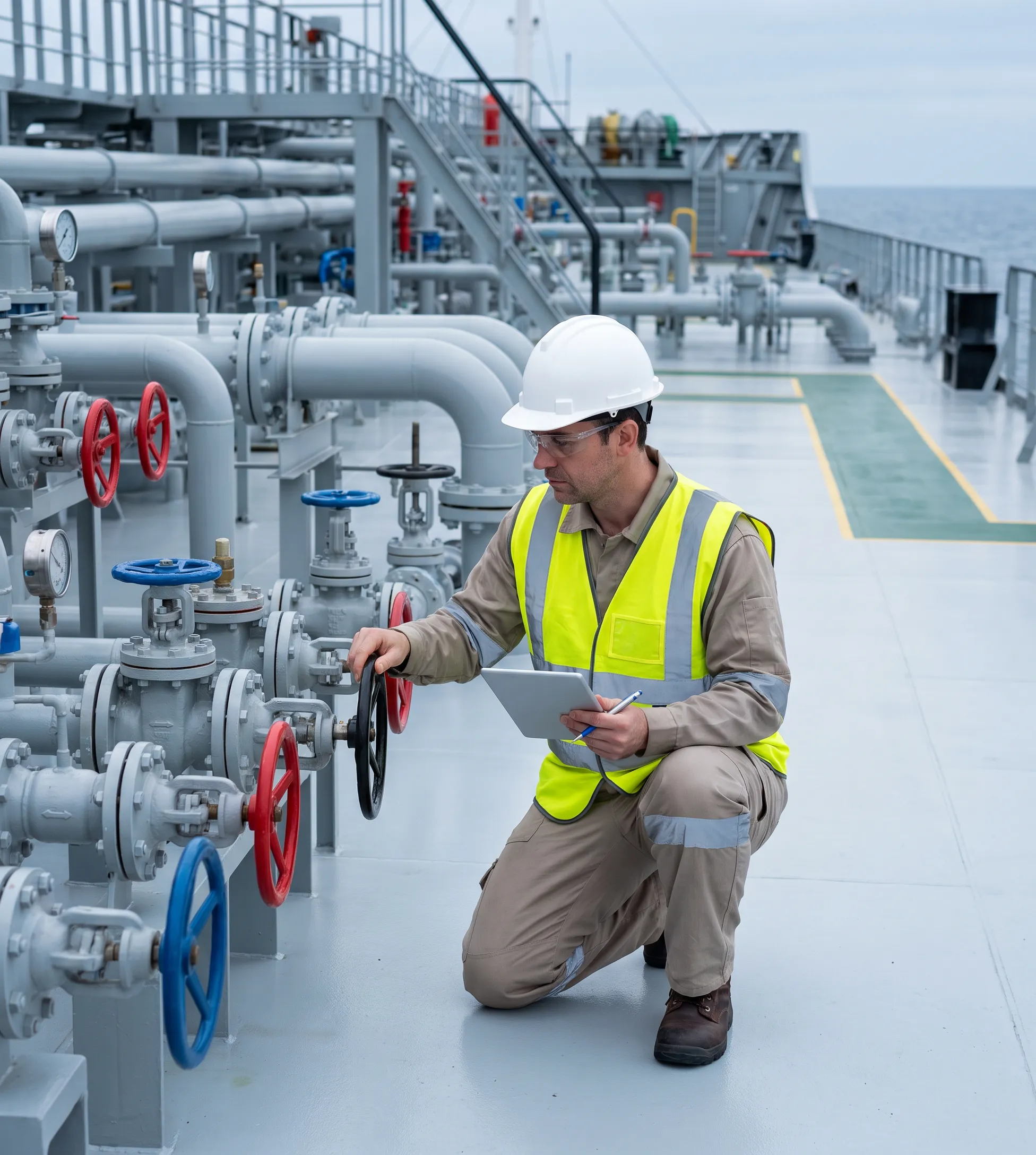 Technical superintendent inspecting tanker deck equipment