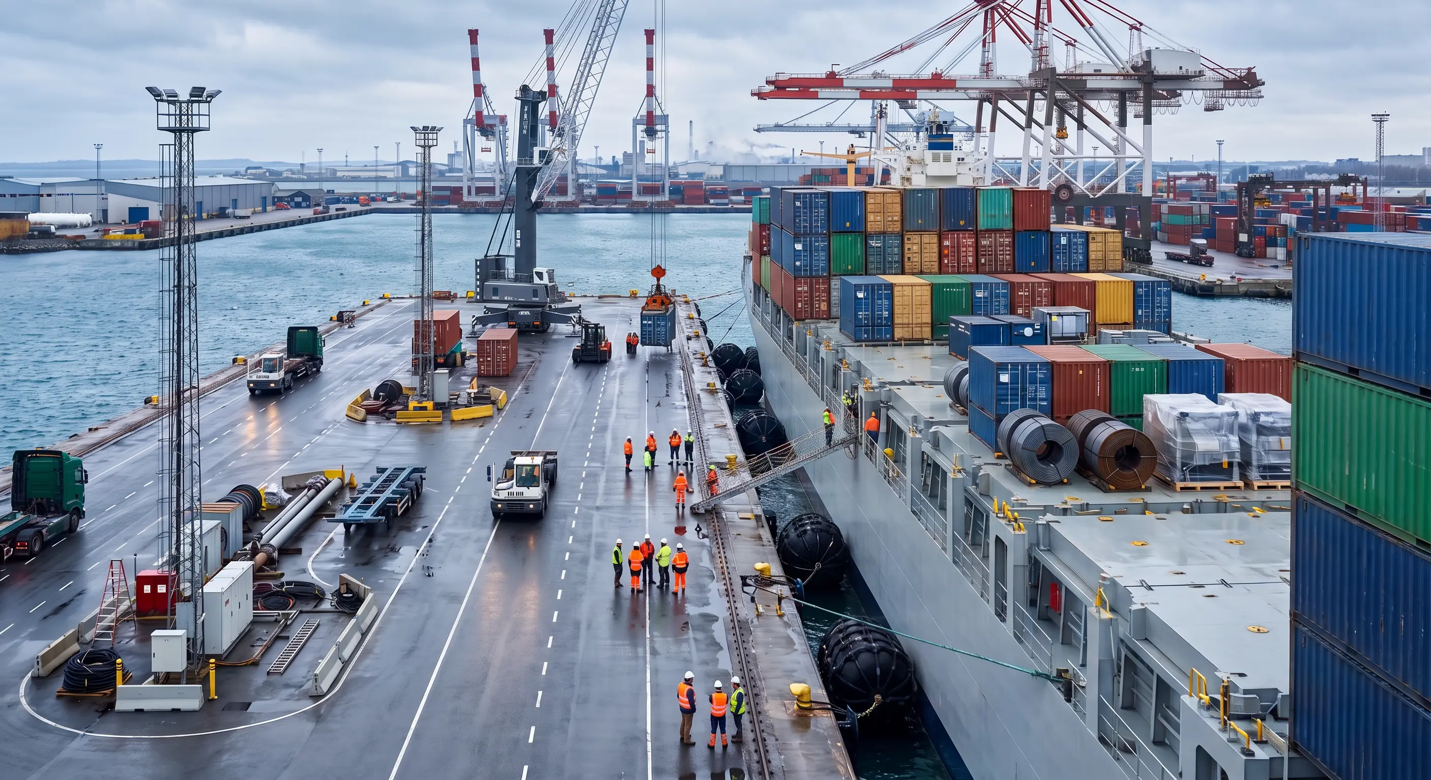 Container terminal with cranes at dusk