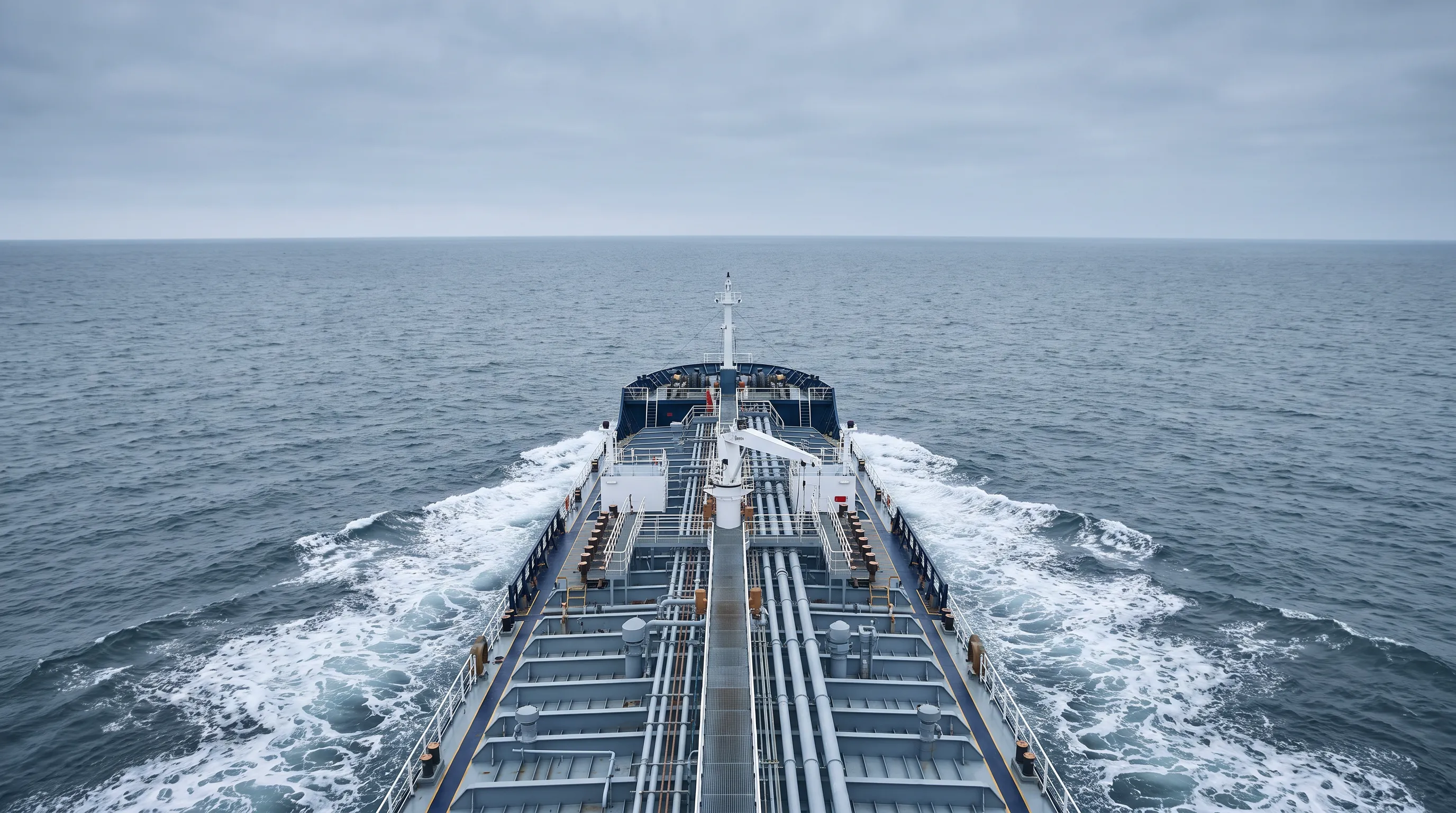 Product tanker under way in open sea seen from astern